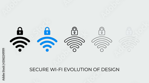 Wi‑Fi padlock progression, symbolizing secure connectivity, protection stages, fading transition of design, digital safety, trust, modern wireless communication.