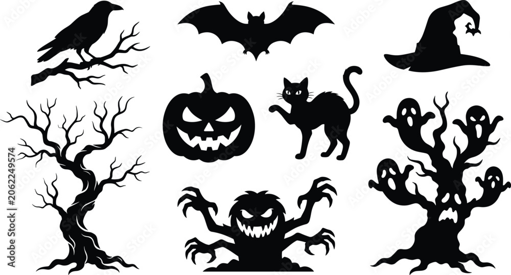 Fototapeta premium Halloween silhouette icons featuring pumpkins, bats, cats, witches, monsters, haunted trees, and spooky ravens