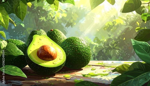 A serene still life of avocados on a wooden table surrounded by lush greenery and dappled sunlight
