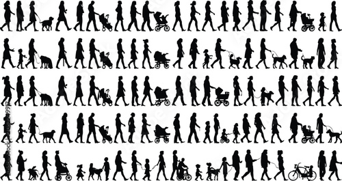 Silhouettes of people and pets walking in various activities and stages