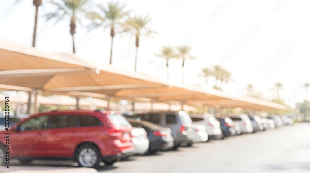 Obraz premium Blurred parking lot with rows of cars under shaded solar panel structures in sunny outdoor environment with palm trees in background at daytime