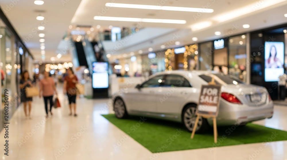 Obraz premium Silver sedan for sale displayed on green artificial turf inside modern shopping mall with people walking in background and blurred retail store environment