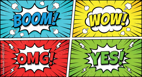 colorful comic book panels banners vector set featuring speech bubbles with text words boom wow omg and yes on halftone background