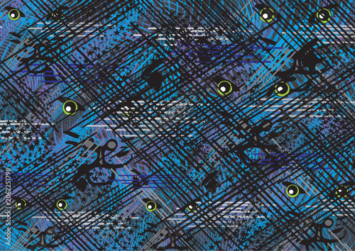 Dark textural background with lines and cat heads for prints and fabrics. Detailed backdrop in blue-gray tonality for fashion trends, business concepts, cover, interiors, tiles, dynamic posters, etc. 