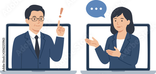 Two businesspeople in video conference, vector illustration
