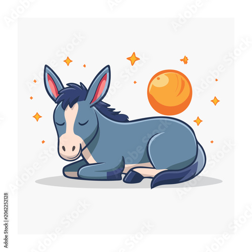 Cute cartoon donkey sleeping under the moon and stars