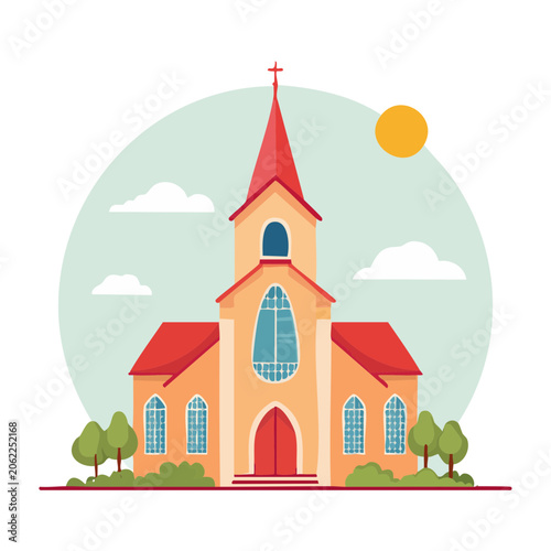 Flat design church with cross and sun