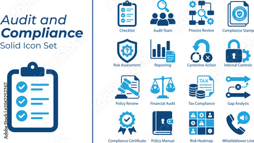 Audit and Compliance solid icon set. Includes Reporting, Financial Audit, Tax Compliance, Policy Review. Solid vector icons for financial audit.