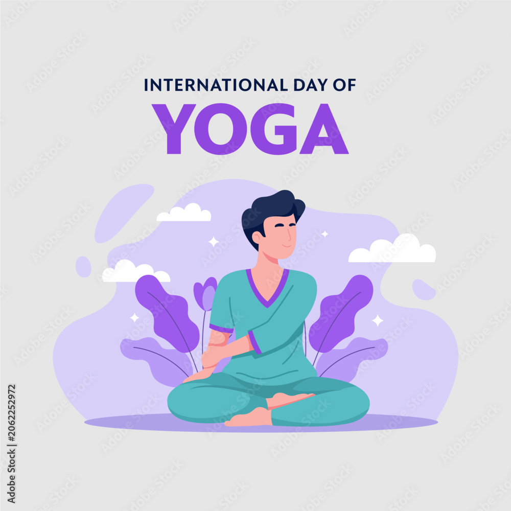 Obraz premium Young man practicing yoga in lotus position for international day of yoga with meditation wellness lifestyle mindfulness exercise relaxing spiritual practice wellbeing recreation serenity