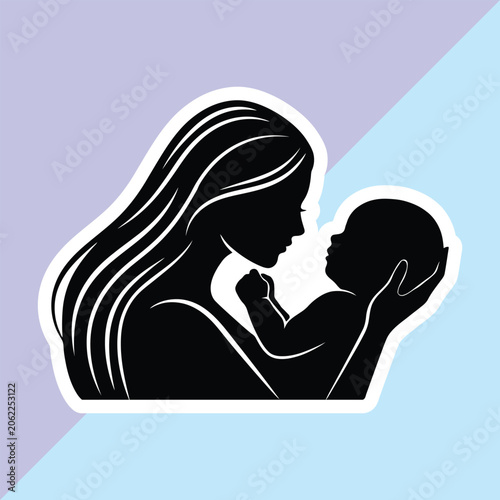 Mother and Baby Silhouette Sticker Vector Illustration Featuring Loving Mom Holding Newborn Child Emblem Design Isolated on Pastel Background for Mothers Day and Parenting Concept