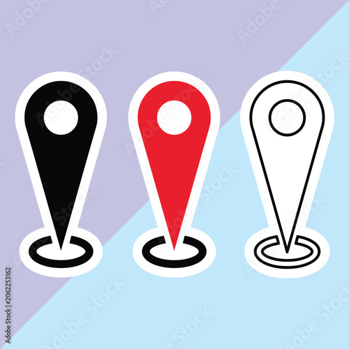 Map Pin Pointer Location Icon Set Vector Illustration Featuring Black, Red, and Line Art Navigation Markers with White Outlines and Shadows Isolated on Pastel Background Graphic Template