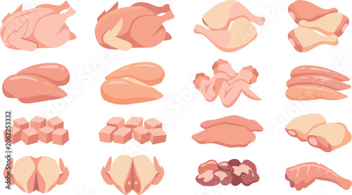 Photos Raw Chicken Meat Cuts Icon Set Vector Featuring Whole Carcass Breast Fillet Drum