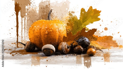 Vibrant seasonal harvest elements are artistically rendered with expressive paint splashes and drips.