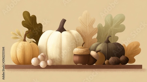 Autumnal harvest display features gourds nuts and foliage arranged upon a shelf
