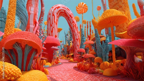 Fantastical landscape features candy-like flora under a bright sky