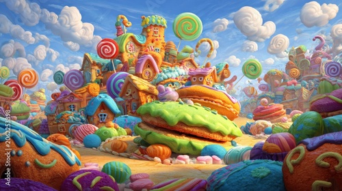 Fantastical landscape constructed entirely from brightly colored sugary confections under a vibrant sky
