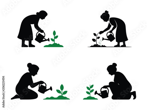 Silhouettes of women watering plants