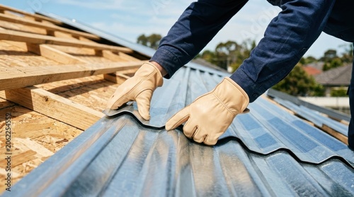 Professional roofer installing corrugated metal roofing sheets on a residential building