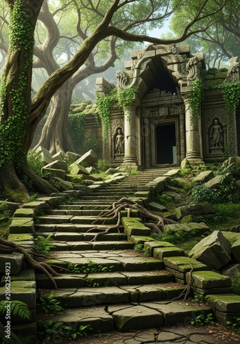 Ancient Stone Temple Ruins Overgrown with Moss and Jungle Vines in a Mystical Forest Landscape