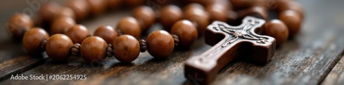 Close-up of wooden rosary beads, intricate detail, wood, prayer beads