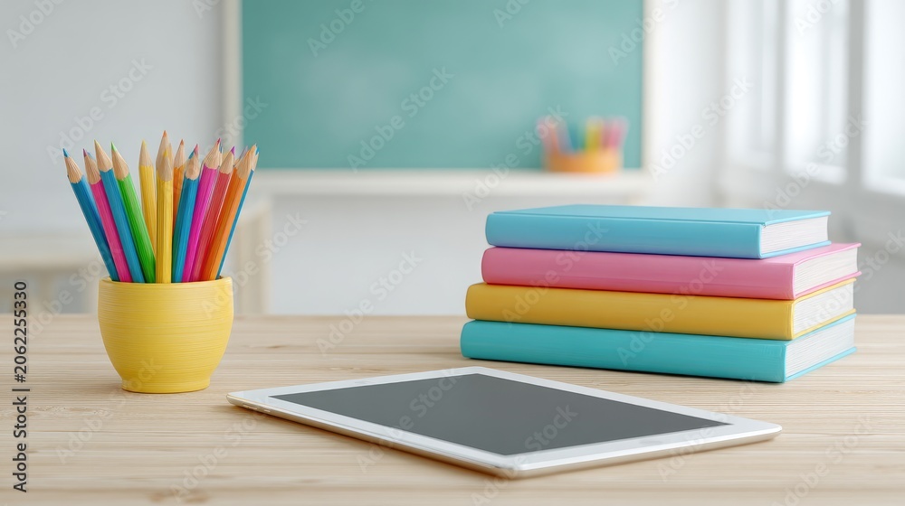 Fototapeta premium Colorful School Supplies and Tablet on a Wooden Table Against a Blurred Classroom Background with Chalkboard and Natural Light
