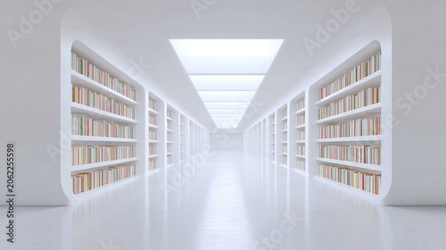 Modern minimalist library interior with bright white spaces and organized bookshelves creating a serene atmosphere for reading and studying