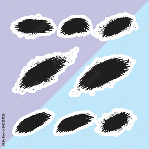 Black Brush Stroke Stickers Vector Set, Grunge Ink Paint Splatter Graphics Collection, Textured Die Cut Decals on Split Pastel Background