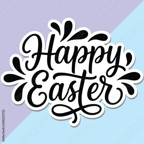 Happy Easter Calligraphy Sticker Vector, Elegant Script Lettering with Flourish Accents, Spring Holiday Text Graphic on Split Pastel Background