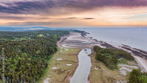 Aerial Drone View of Fundy Coastline at Sunset, New Brunswick Canada