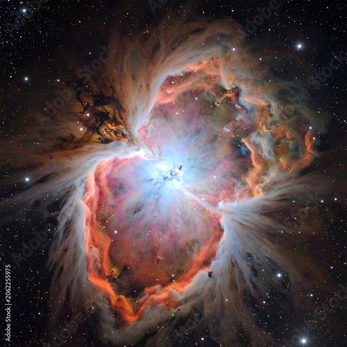 A vibrant, swirling nebula with shades of orange, pink, and white, set against a starry black background