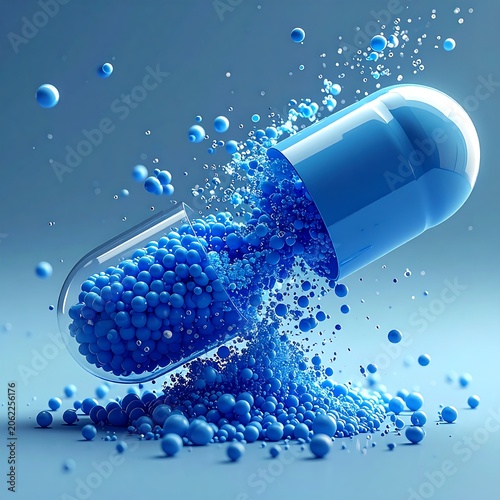 A transparent blue capsule spills small blue beads on a gradient blue background