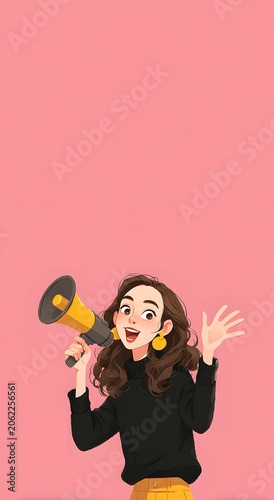 Cartoon Girl With Megaphone Making Announcement