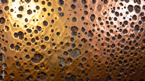 Close-up of a perforated metallic surface with warm gold and brown tones.