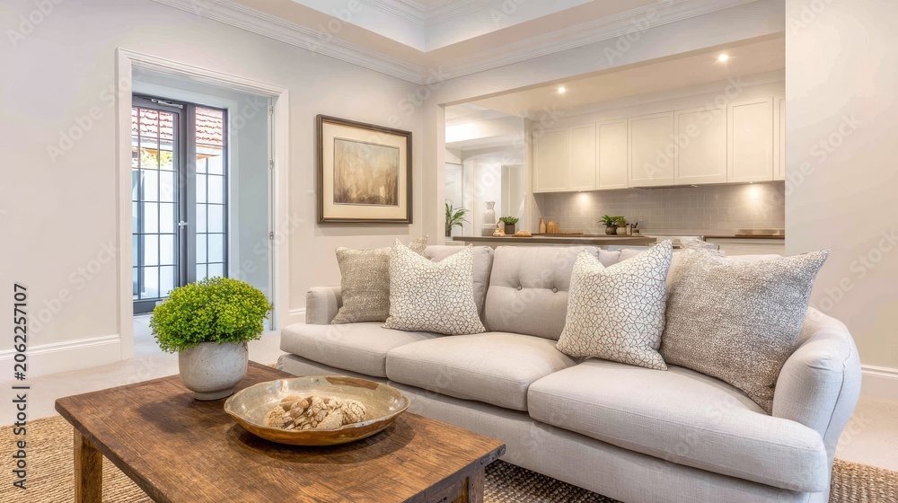 Fototapeta premium Elegant and Cozy Living Room Interior with Modern Sofa, Decorative Pillows, Stylish Coffee Table, and Soft Natural Light in Contemporary Home Setting