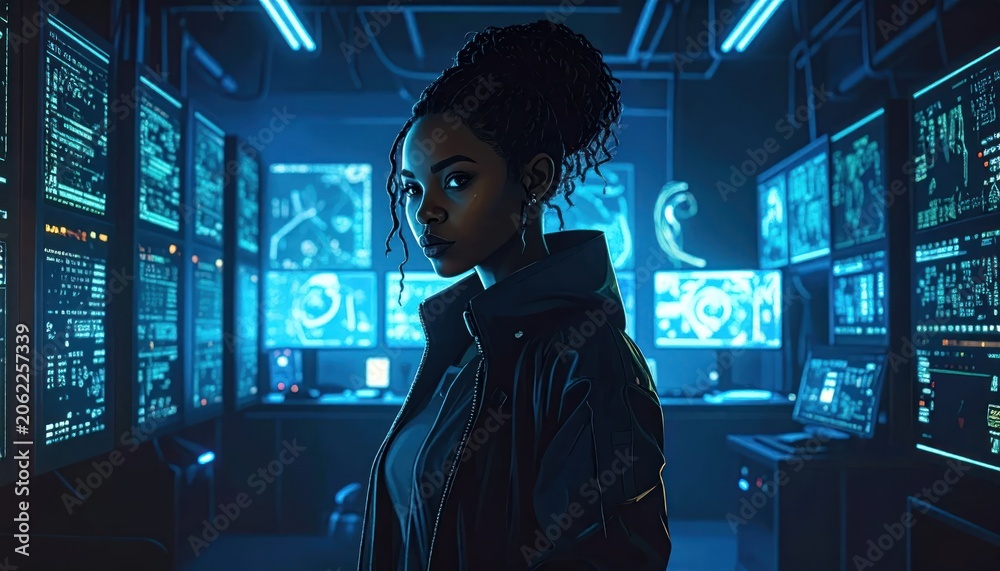 Fototapeta premium Cyberpunk Vigil - Woman in Tech-Infused Control Room with Glowing Screens.