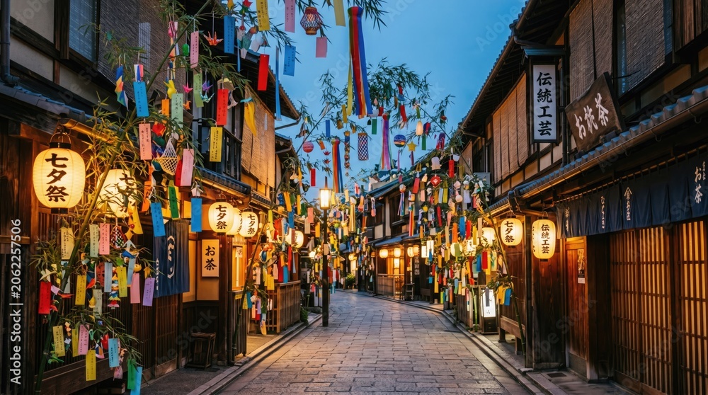 Naklejka premium Tanabata Festival Street with Lanterns at Dusk