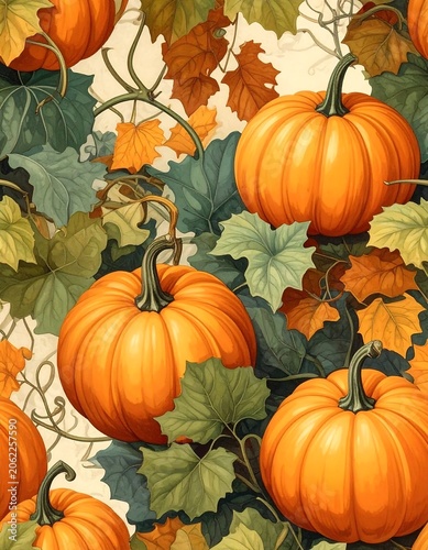 A vibrant and colorful illustration of pumpkins and leaves on a beige background