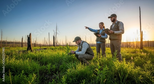 A professional team observes thriving green vegetation within a recovered burn zone, documenting ecological success during a field study, protection, wildfire, management