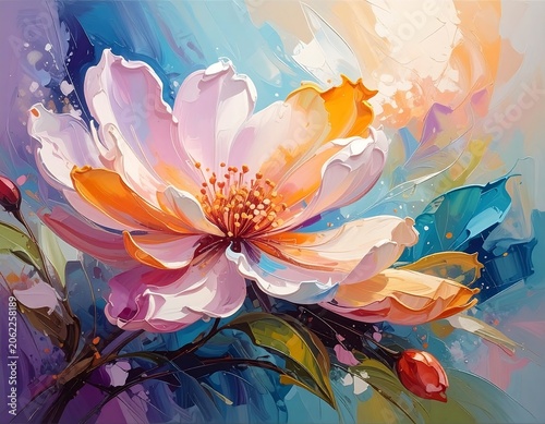 A vibrant floral painting featuring a large pink flower
