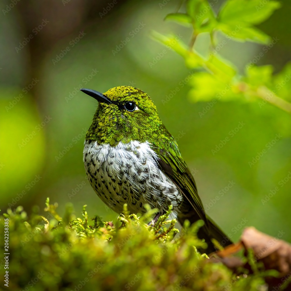 Fototapeta premium A vibrant green and white bird perches on mossy foliage