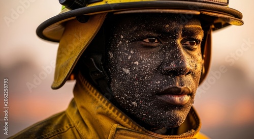 An intense portrait of an African firefighter with dark skin, wearing yellow safety gear, layered in thick soot and ash after a brushfire, texture, lighting, service