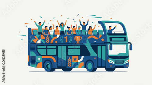 Celebration on double decker bus with people and confetti