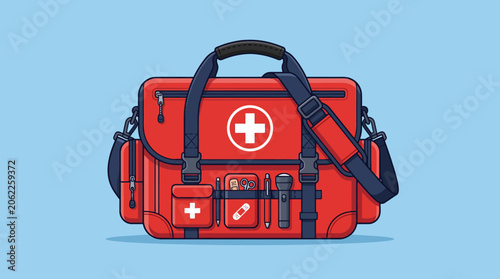Red medical first aid kit bag supplies for emergency care