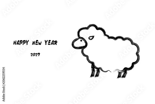 毛筆ストロークの羊のイラストの年賀状テンプレート