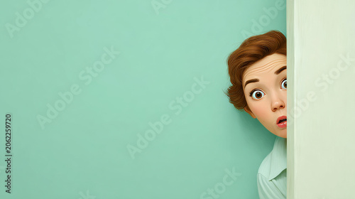 a stylized 3D character peeks around a corner with a surprised, wide-eyed expression, set against a solid, minimalist teal background with ample copy space.