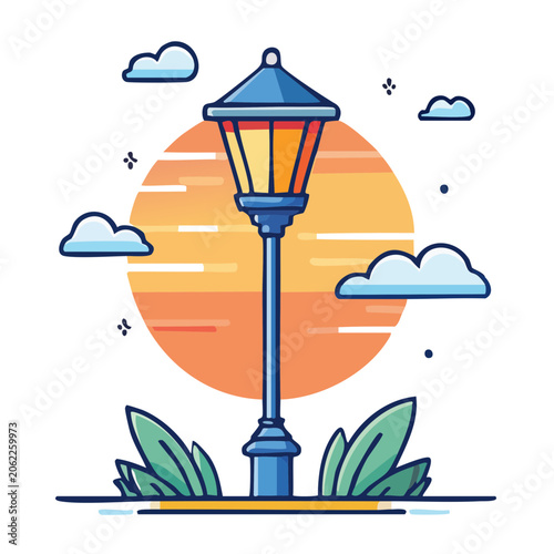 Flat design lighthouse with tropical beach scene