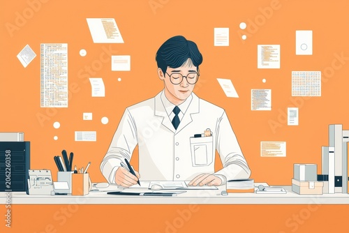 Professional computer scientist working in a surreal room with floating code innovative solutions in a unique atmosphere