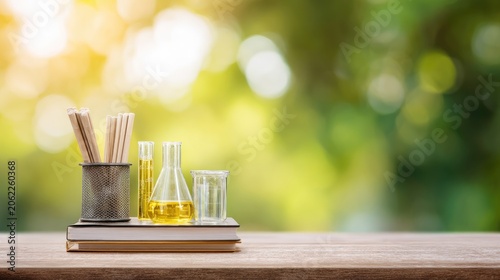 Laboratory glassware with yellow liquid and wooden sticks on stacked books against a bright bokeh background in a natural light setting