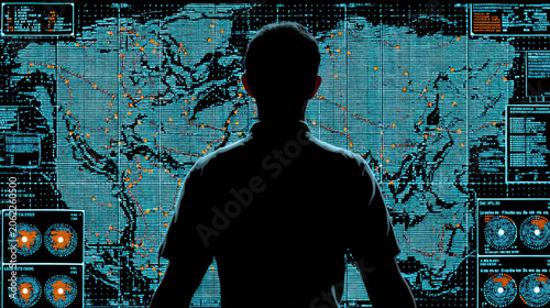 An image depicts person observing large digital map filled with data points and graphics, showcasing control and power through