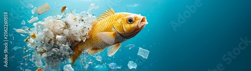 Pervasive Threat - School of Fish Amid Microplastics, Symbolizing Ocean Pollution Crisis